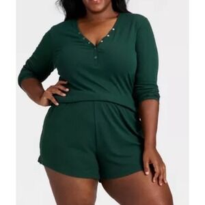 NWT Women's Size XXL, Auden Pajama Long Sleeve Top And Shorts Set, Ribbed Green